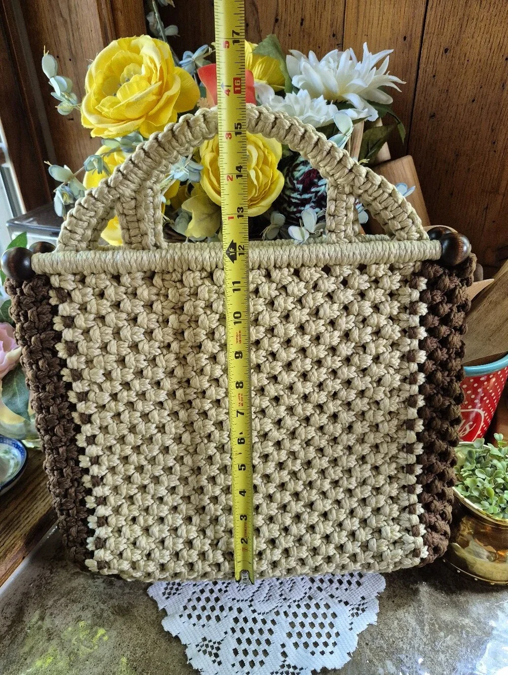 Vintage New Handmade Macramé Tan & Brown Large Tote Bag Wood Side Bead Handles